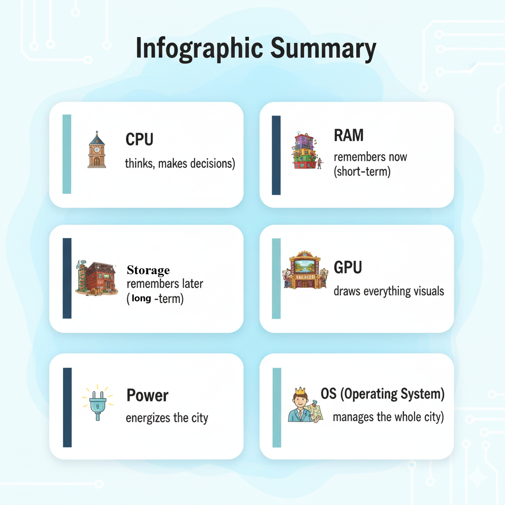 Computer components infographic showing CPU, RAM, Storage and GPU