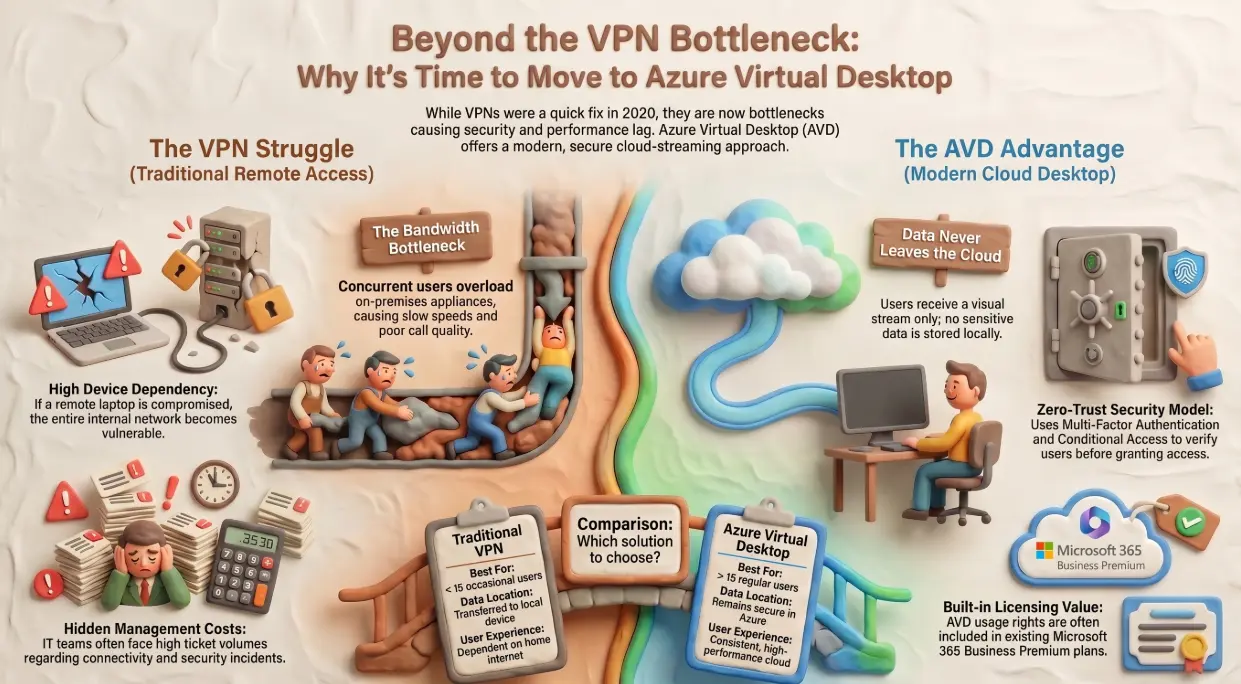 Side-by-side comparison of Azure Virtual Desktop and traditional VPN remote access architectures for small business