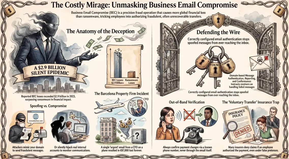 Business email compromise attack illustration showing a spoofed CFO email requesting an urgent wire transfer