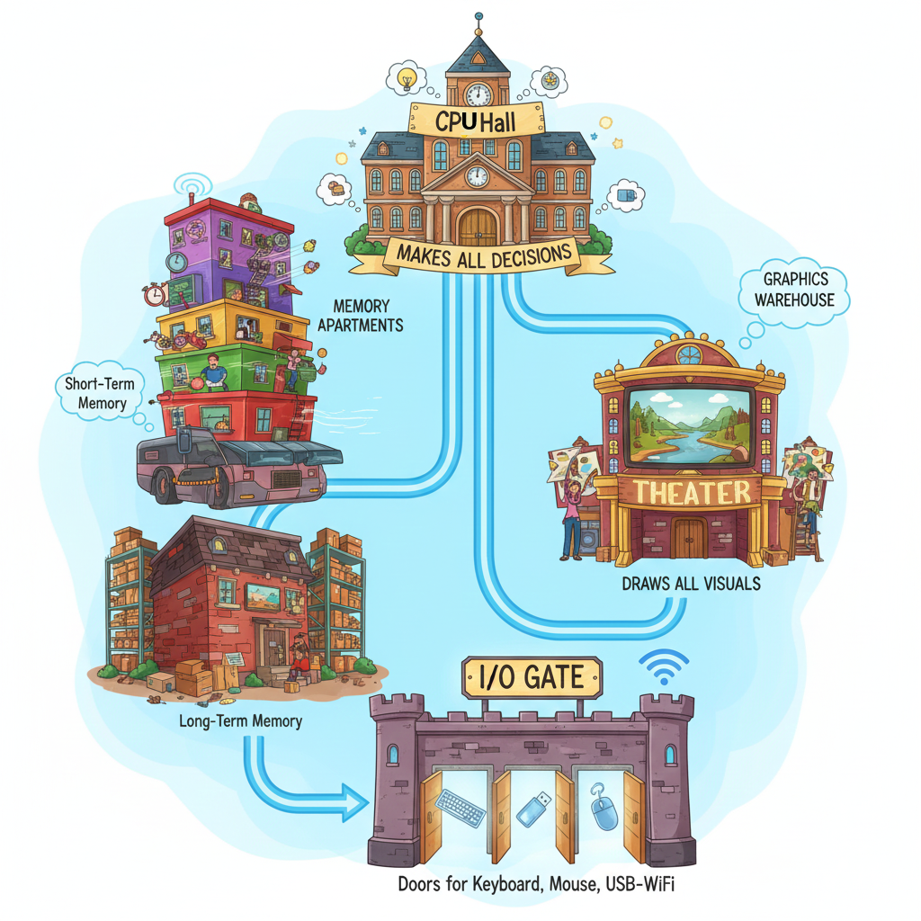 Cartoon of a computer explaining how it works