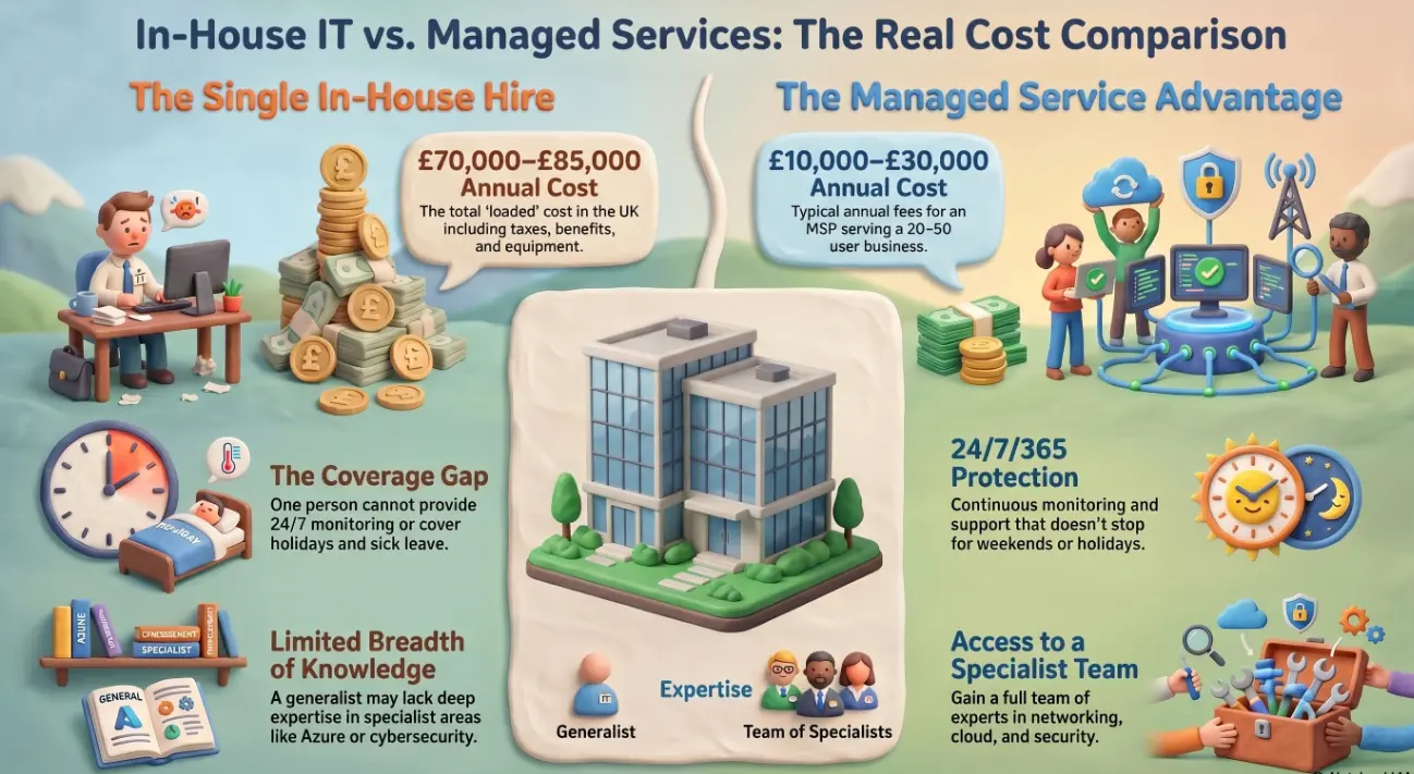 Split illustration comparing a managed IT services provider team against a single in-house IT employee at a small business