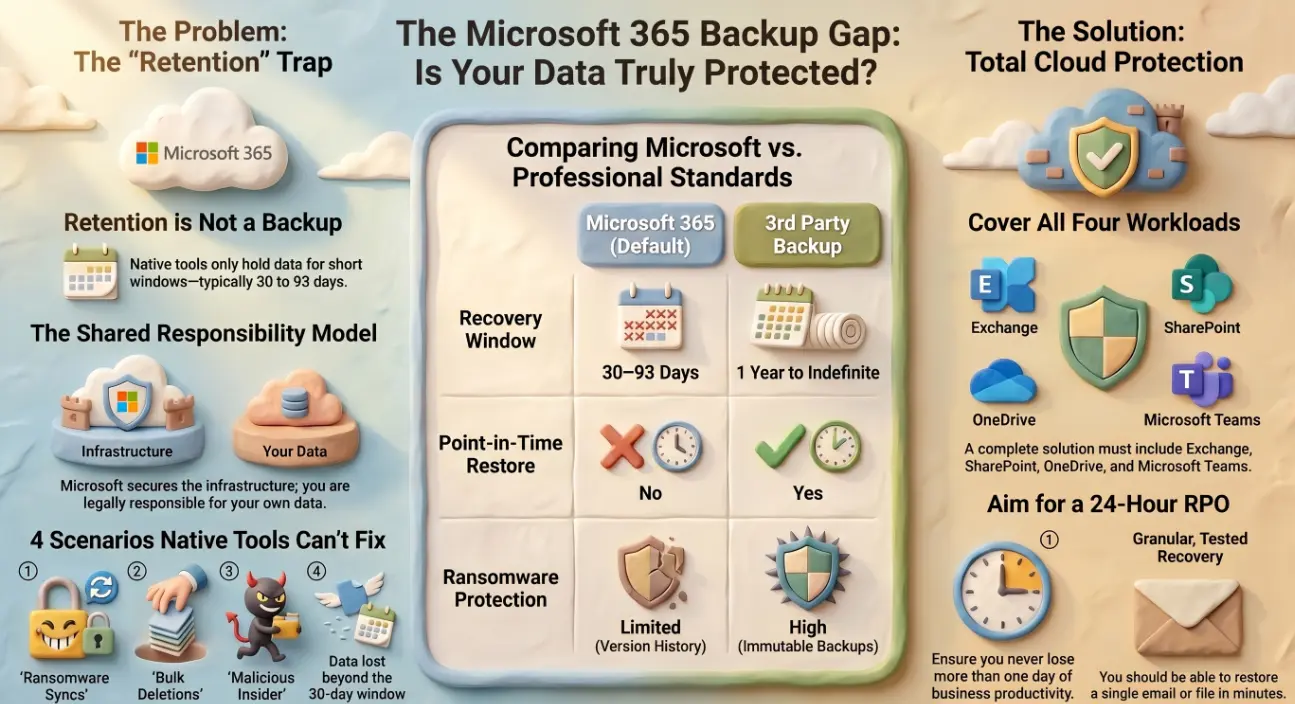 Microsoft 365 backup concept showing email and cloud data recovery for small business