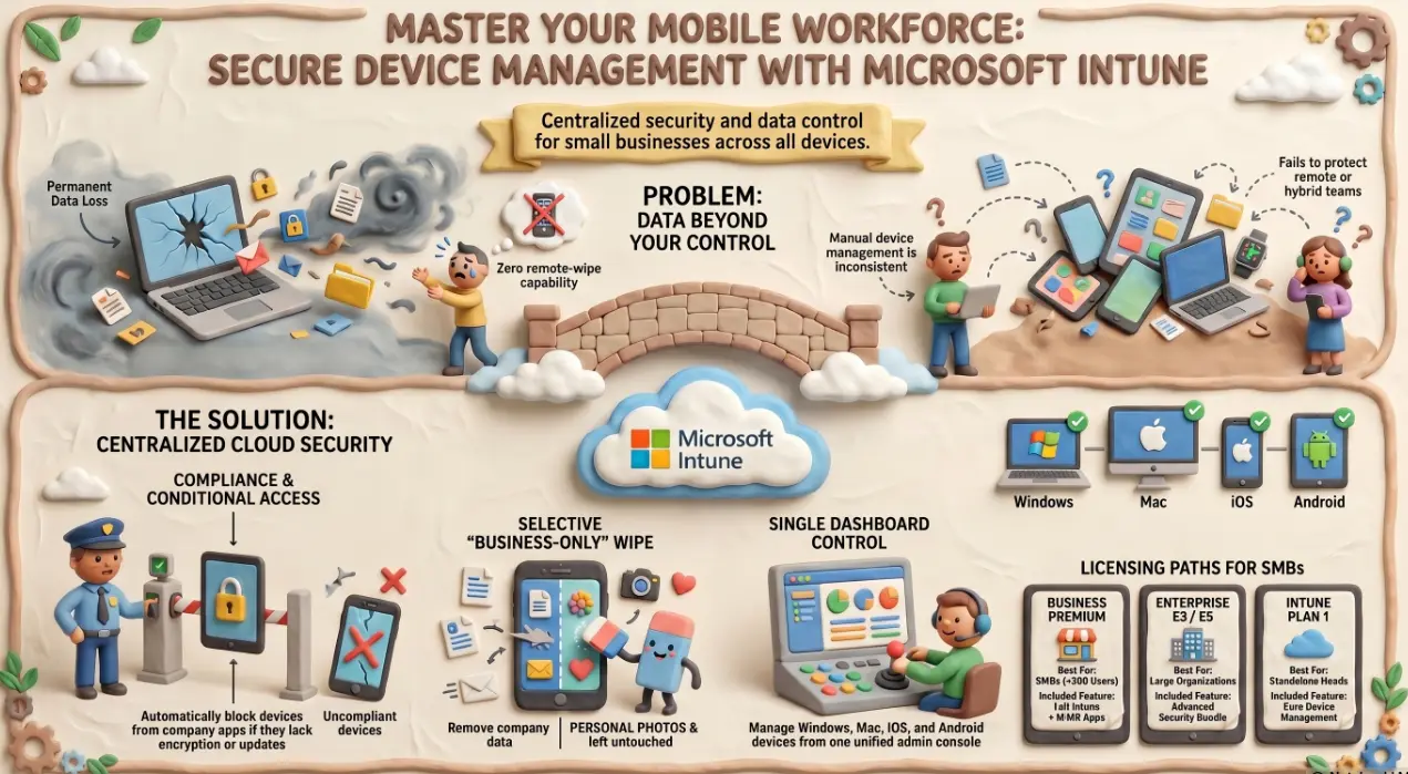 Microsoft Intune device management dashboard showing enrolled devices across Windows, Mac, iOS and Android