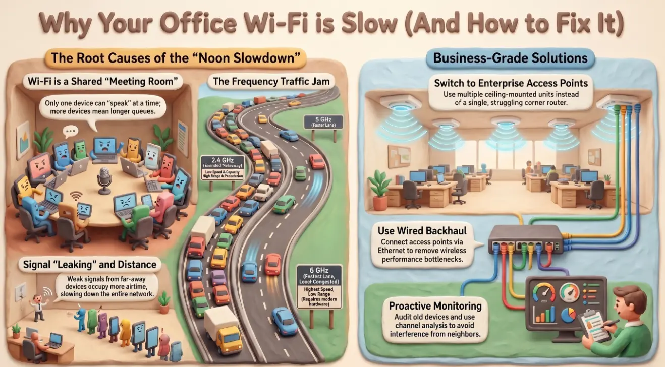 Office worker frustrated at slow Wi-Fi on a laptop, with a weak signal icon on screen
