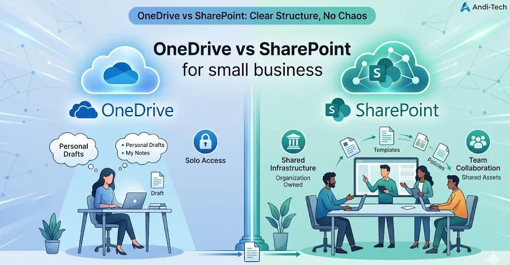 OneDrive and SharePoint logos side by side illustrating the choice between personal and shared Microsoft 365 file storage