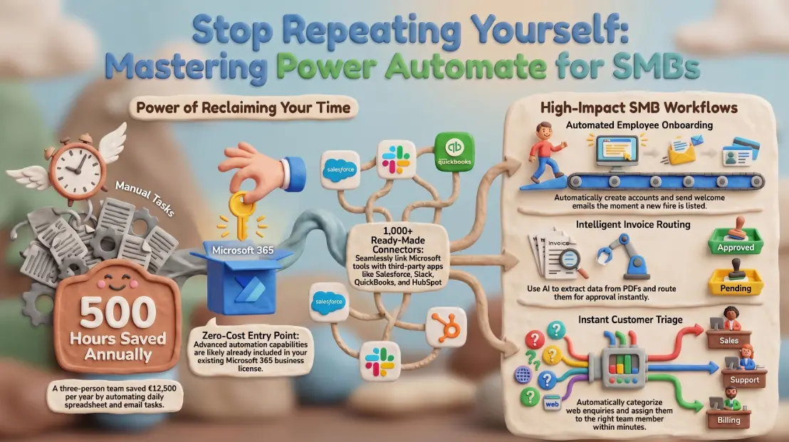 Microsoft Power Automate workflow diagram showing automated business processes for a small business team