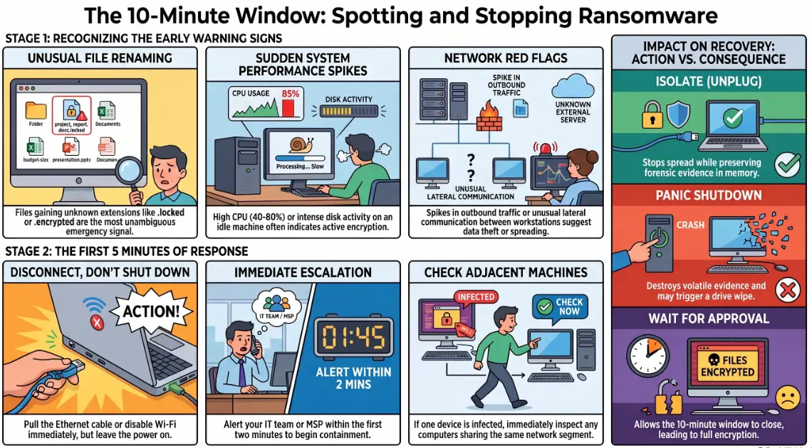 Ransomware warning signs on a business workstation showing encrypted files and suspicious process activity