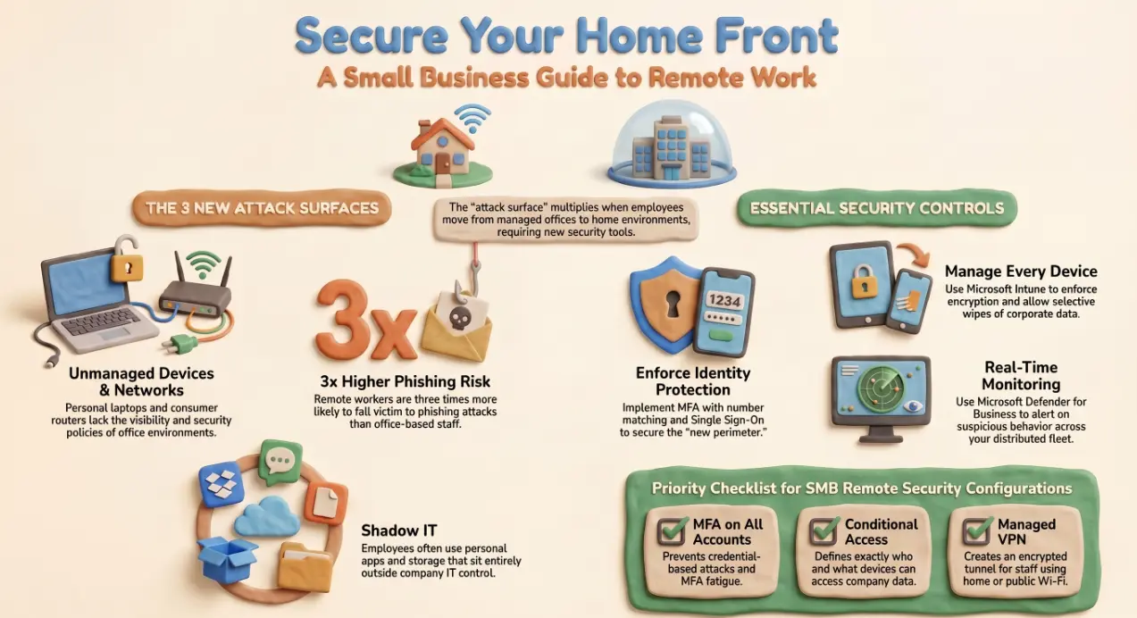 Remote worker on a laptop at home with a padlock icon overlay illustrating secure remote work security for small business