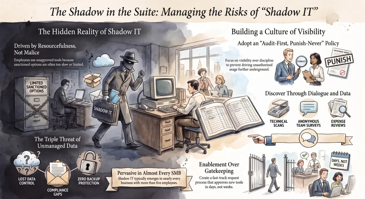 Employee using an unauthorised personal cloud app on a laptop alongside approved company tools, illustrating shadow IT risk in a small business