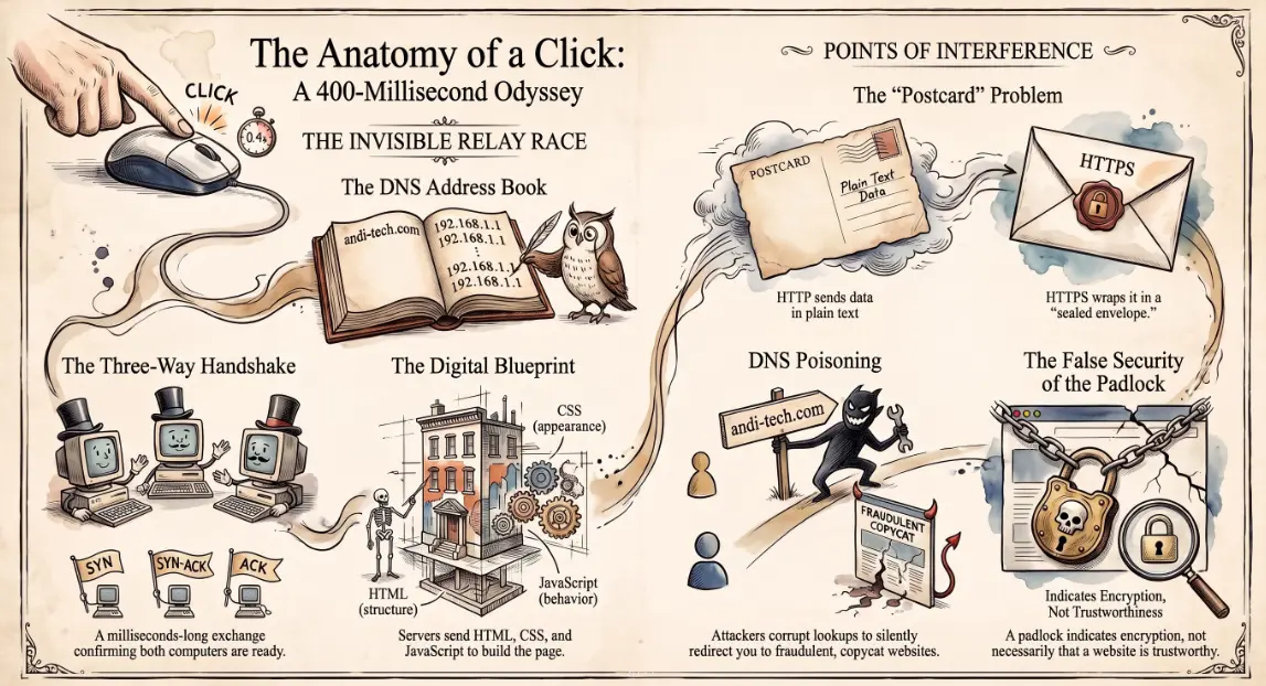 Illustration of a web request journey from a user clicking a link through DNS, servers, and back to their browser screen